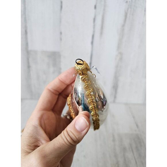 Vintage tinsel teardrop glass ornament Victorian set Xmas silver gold tree - Picture 9 of 9